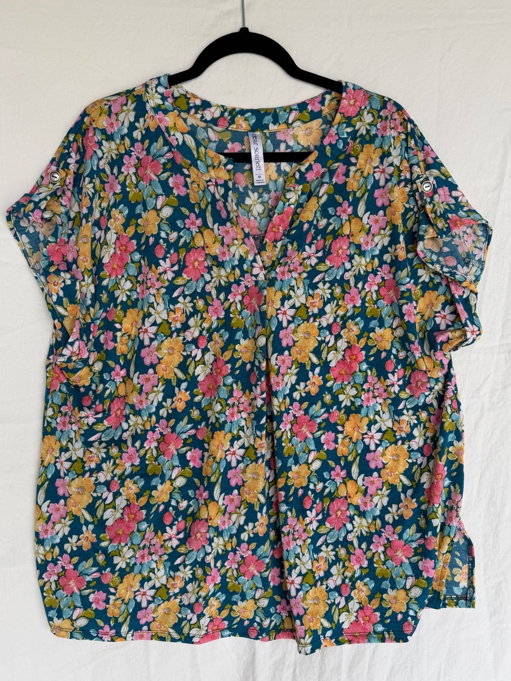 Dear Scarlett Teal Floral V-Neck Short-Sleeve Women's Blouse 2X
